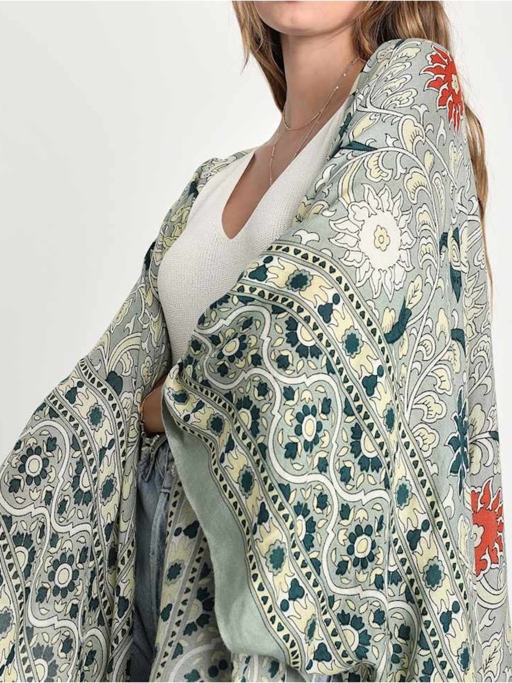 Free People Magic Dance OS Boho Sage Green Printed Shawl Coverup Beach Resort